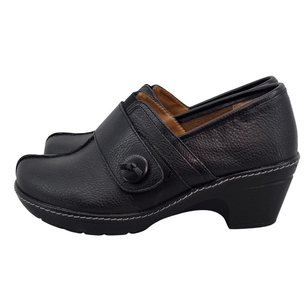 Thom McAn Womens Black Leather Clogs Block Heel Slip On Shoes 8.5W Wide